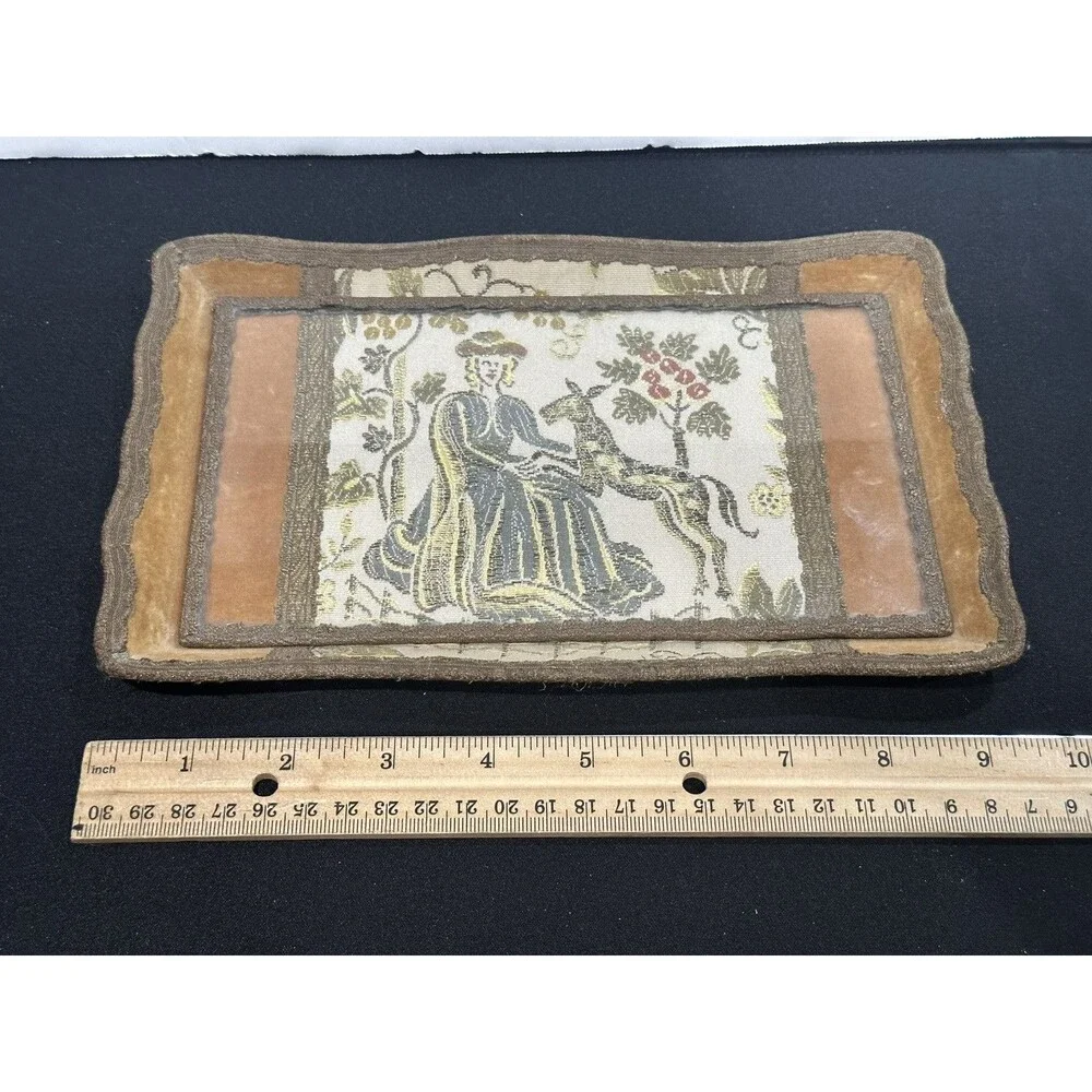 Antique Schreibmayr Wood Lace Embroided Fabric Glass Letter Trinket Jewelry Tray